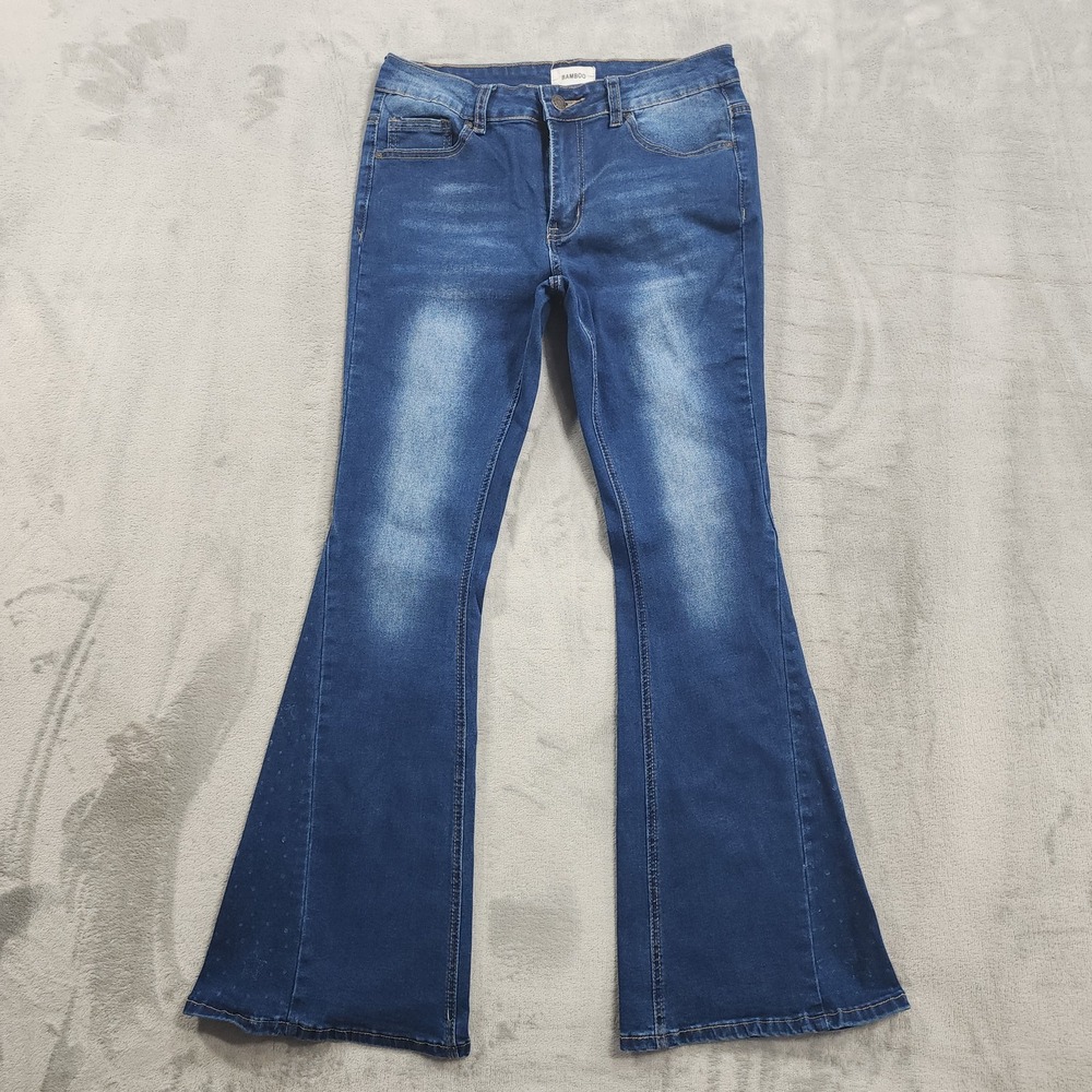 Bamboo Jeans Womens 11 Juniors Blue Speckled Mid Rise Flare Leg Stretch Denim